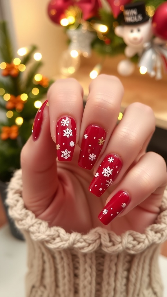 Coffin nails in red with white snowflakes and gold accents, set against a festive holiday backdrop.